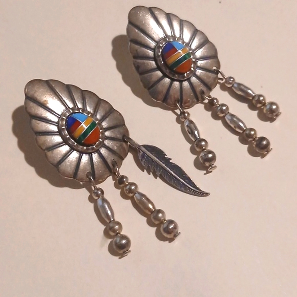 Native American Inlay Sterling Earrings Vintage Wheeler